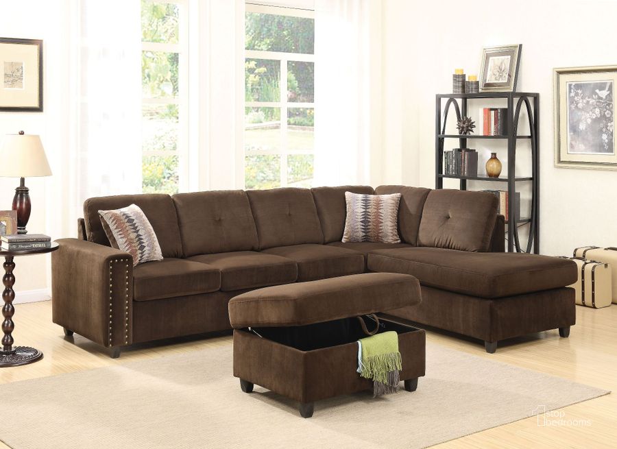 The appearance of Belville Chocolate Velvet Reversible Sectional designed by ACME in the transitional interior design. This chocolate piece of furniture  was selected by 1StopBedrooms from Belville Collection to add a touch of cosiness and style into your home. Sku: 52700SOF;52701CHA. Material: Fabric. Product Type: Sectional. Key Features: Tufted. Layout: L-Shape.