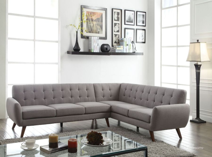 The appearance of Essick Light Gray Linen Sectional Sofa designed by ACME in the transitional interior design. This gray piece of furniture  was selected by 1StopBedrooms from Essick Collection to add a touch of cosiness and style into your home. Sku: 52765SOF;52766WLO. Material: Fabric. Product Type: Sectional. Key Features: Tufted. Layout: L-Shape.