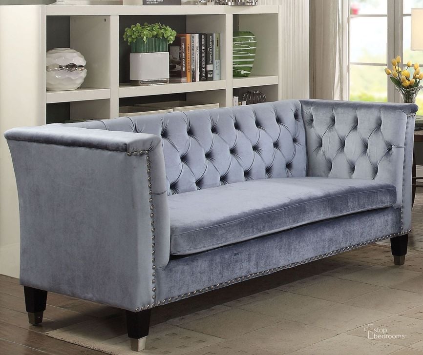 The appearance of Honor Blue Gray Velvet Loveseat designed by ACME in the rustic / southwestern interior design. This gray piece of furniture  was selected by 1StopBedrooms from Honor Collection to add a touch of cosiness and style into your home. Sku: 52786. Material: Fabric. Product Type: Loveseat. Key Features: Tufted. Image1