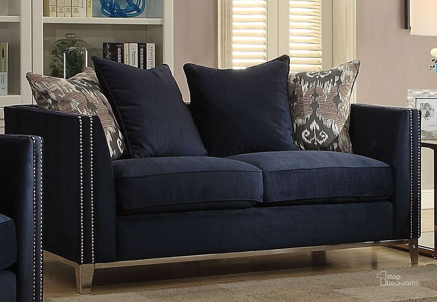 The appearance of Phaedra Blue Loveseat designed by ACME in the rustic / southwestern interior design. This blue piece of furniture  was selected by 1StopBedrooms from Phaedra Collection to add a touch of cosiness and style into your home. Sku: 52831. Material: Fabric. Product Type: Loveseat. Key Features: Nailhead Trim. Image1