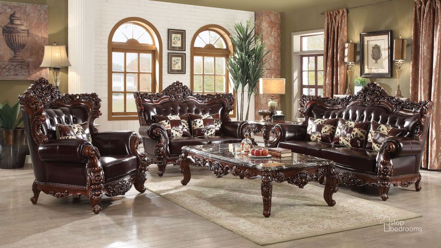 The appearance of Forsythia Espresso Leather Match Living Room Set designed by ACME in the transitional interior design. This brown piece of furniture  was selected by 1StopBedrooms from Forsythia Collection to add a touch of cosiness and style into your home. Sku: 53070BACK;53070SEAT;53071BACK;53071SEAT. Material: Leather. Product Type: Living Room Set. Image1