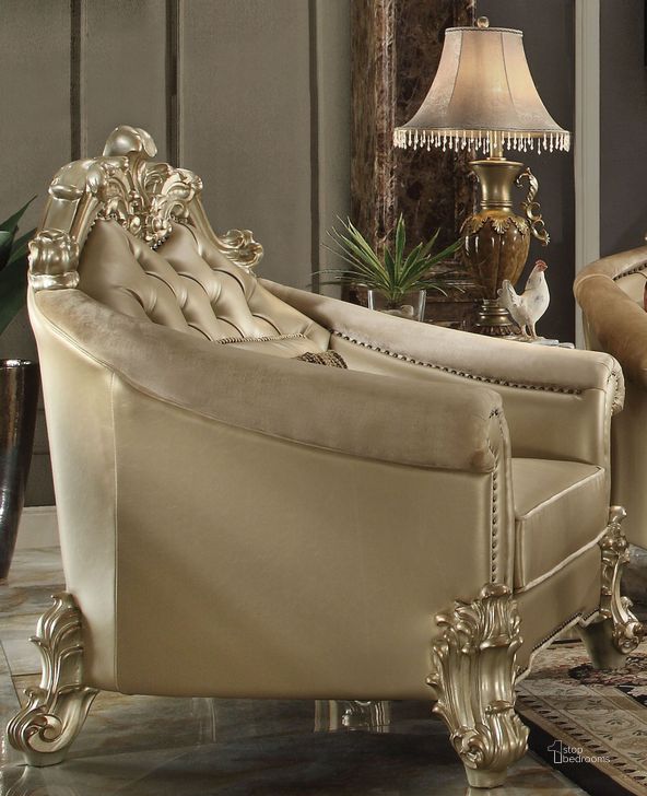 The appearance of Vendome Ii Bone Gold Patina Chair designed by ACME in the rustic / southwestern interior design. This gold piece of furniture  was selected by 1StopBedrooms from Vendome Ii Collection to add a touch of cosiness and style into your home. Sku: 53122. Product Type: Living Room Chair. Material: Vinyl. Key Features: Tufted. Image1