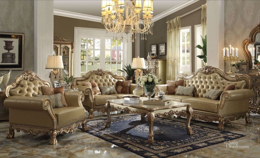 The appearance of Dresden Bone Gold Patina Living Room Set designed by ACME in the transitional interior design. This gold piece of furniture  was selected by 1StopBedrooms from Dresden Collection to add a touch of cosiness and style into your home. Sku: 53160;53161. Product Type: Living Room Set. Material: Vinyl. Image1