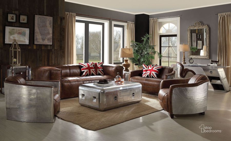 The appearance of Brancaster Retro Brown Leather Living Room Set designed by ACME in the transitional interior design. This brown piece of furniture  was selected by 1StopBedrooms from Brancaster Collection to add a touch of cosiness and style into your home. Sku: 53545;53546. Material: Leather. Product Type: Living Room Set. Image1