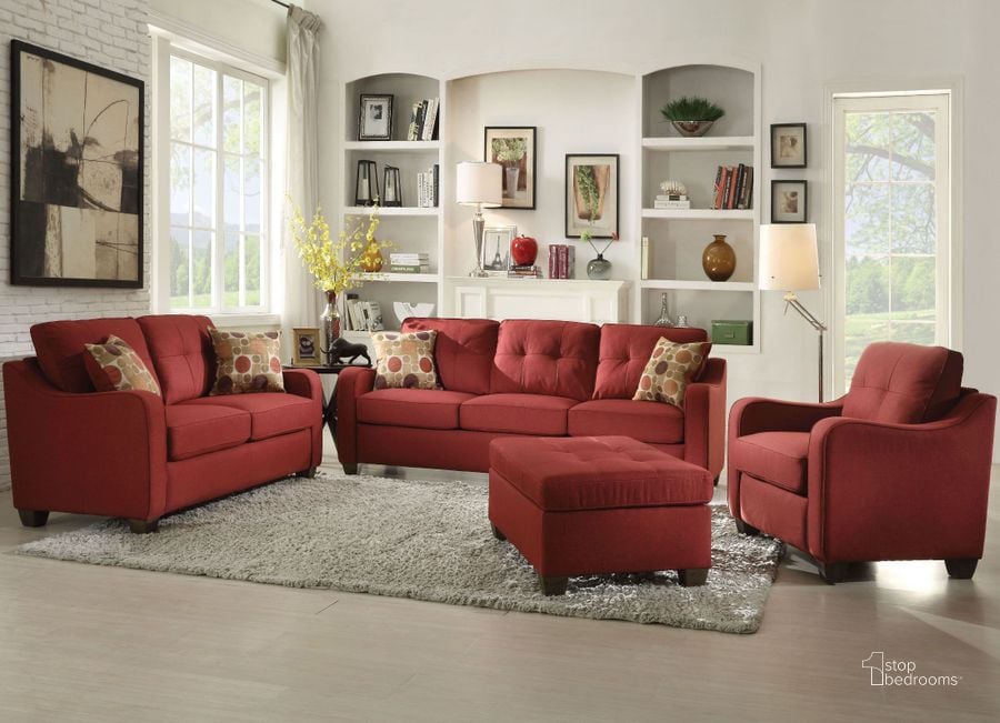 The appearance of Cleavon II Red Linen Living Room Set designed by ACME in the modern / contemporary interior design. This red piece of furniture  was selected by 1StopBedrooms from Cleavon Ii Collection to add a touch of cosiness and style into your home. Sku: 53560;53561. Material: Fabric. Product Type: Living Room Set. Image1