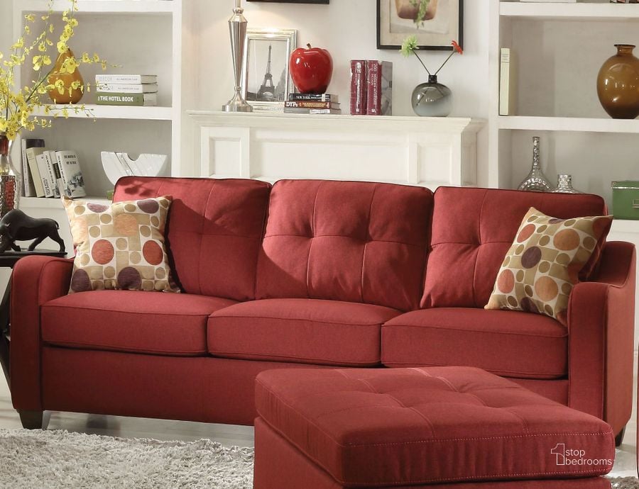 The appearance of Cleavon Ii Red Linen Sofa designed by ACME in the modern / contemporary interior design. This red piece of furniture  was selected by 1StopBedrooms from Cleavon Ii Collection to add a touch of cosiness and style into your home. Sku: 53560. Material: Fabric. Product Type: Sofa. Key Features: Tufted. Image1