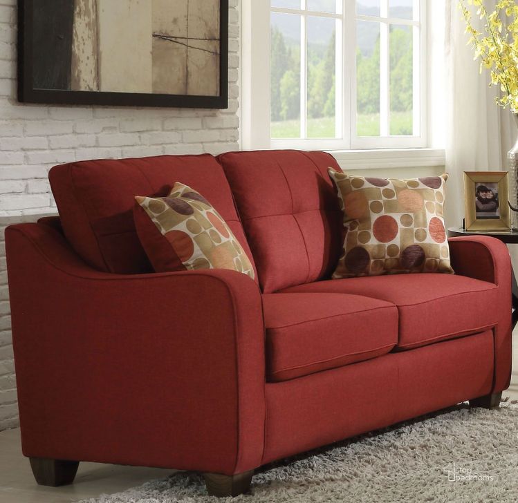 The appearance of Cleavon Ii Red Linen Loveseat designed by ACME in the modern / contemporary interior design. This red piece of furniture  was selected by 1StopBedrooms from Cleavon Ii Collection to add a touch of cosiness and style into your home. Sku: 53561. Material: Fabric. Product Type: Loveseat. Key Features: Tufted. Image1