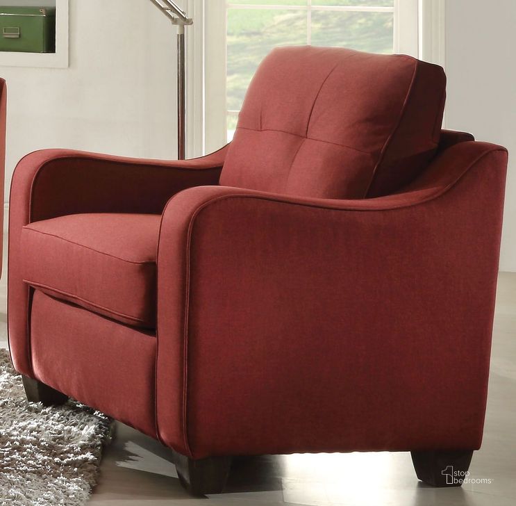 The appearance of Cleavon Ii Red Linen Chair designed by ACME in the modern / contemporary interior design. This red piece of furniture  was selected by 1StopBedrooms from Cleavon Ii Collection to add a touch of cosiness and style into your home. Sku: 53562. Material: Fabric. Product Type: Living Room Chair. Key Features: Tufted. Image1