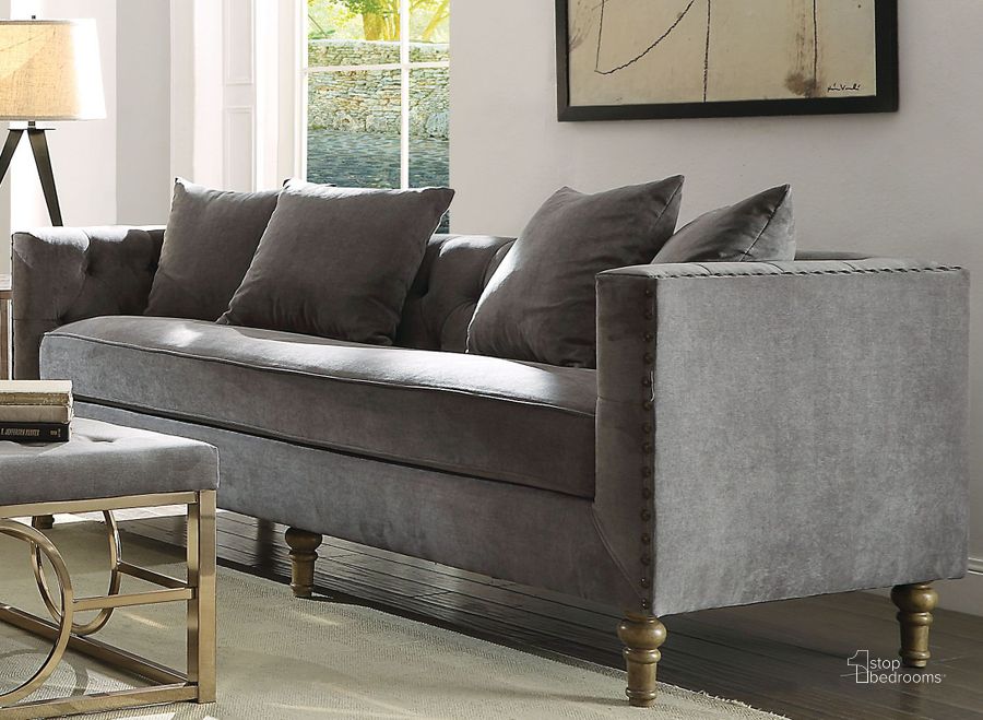 The appearance of Sidonia Gray Velvet Sofa designed by ACME in the rustic / southwestern interior design. This gray piece of furniture  was selected by 1StopBedrooms from Sidonia Collection to add a touch of cosiness and style into your home. Sku: 53580. Material: Fabric. Product Type: Sofa. Key Features: Tufted. Image1