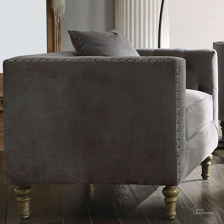 The appearance of Sidonia Gray Velvet Chair designed by ACME in the rustic / southwestern interior design. This gray piece of furniture  was selected by 1StopBedrooms from Sidonia Collection to add a touch of cosiness and style into your home. Sku: 53582. Material: Fabric. Product Type: Living Room Chair. Key Features: Tufted. Image1