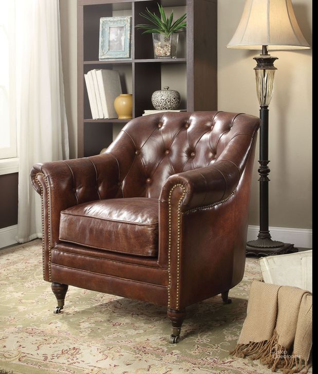 The appearance of Aberdeen Vintage Dark Brown Leather Chair designed by ACME in the rustic / southwestern interior design. This brown piece of furniture  was selected by 1StopBedrooms from Aberdeen Collection to add a touch of cosiness and style into your home. Sku: 53627. Material: Leather. Product Type: Living Room Chair. Image1
