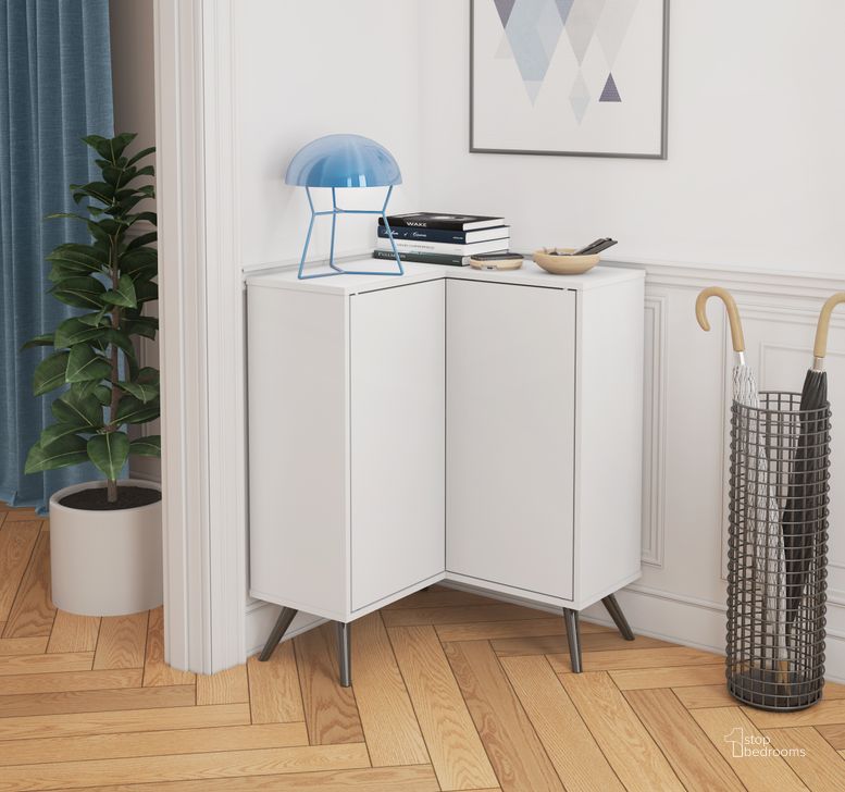The appearance of Bestar Small Space Krom Corner Storage Unit In White designed by Bestar in the modern / contemporary interior design. This white piece of furniture  was selected by 1StopBedrooms from Small Space Collection to add a touch of cosiness and style into your home. Sku: 17162-1117. Material: Wood. Product Type: Storage Unit. Image1