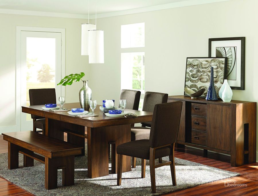 The appearance of Sedley Brown Rectangular Extendable Dining Room Set designed by Homelegance in the modern / contemporary interior design. This brown piece of furniture  was selected by 1StopBedrooms from Sedley Collection to add a touch of cosiness and style into your home. Sku: 5415RF-78;5415RF-78B;5415RFS. Table Base Style: Trestle. Material: Wood. Product Type: Dining Room Set. Table Top Shape: Rectangular. Image1
