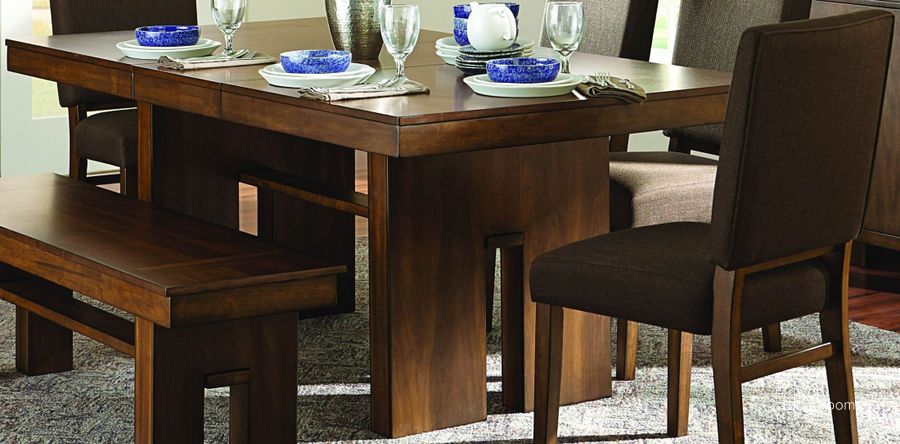 The appearance of Sedley Brown Rectangular Extendable Dining Table designed by Homelegance in the modern / contemporary interior design. This brown piece of furniture  was selected by 1StopBedrooms from Sedley Collection to add a touch of cosiness and style into your home. Sku: 5415RF-78;5415RF-78B. Table Base Style: Trestle. Material: Wood. Product Type: Dining Table. Table Top Shape: Rectangular. Image1