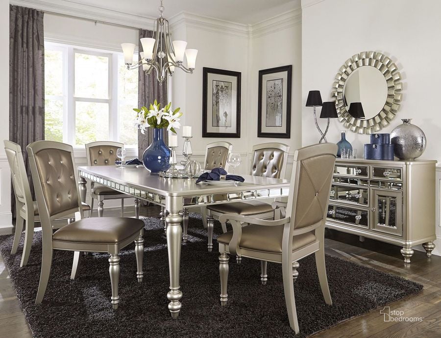 The appearance of Orsina Silver Extendable Dining Room Set designed by Homelegance in the modern / contemporary interior design. This silver piece of furniture  was selected by 1StopBedrooms from Orsina Collection to add a touch of cosiness and style into your home. Sku: 5477N-96;5477NS. Table Base Style: Legs. Material: Wood. Product Type: Dining Room Set. Table Top Shape: Rectangular. Image1