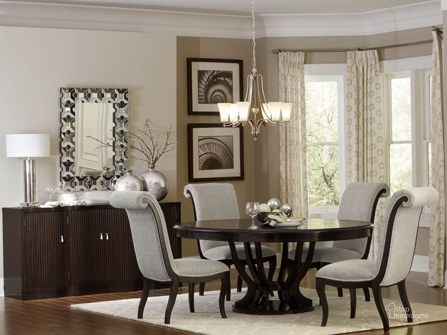 The appearance of Savion Espresso Round Pedestal Extendable Dining Room Set designed by Homelegance in the modern / contemporary interior design. This brown piece of furniture  was selected by 1StopBedrooms from Savion Collection to add a touch of cosiness and style into your home. Sku: 5494-76;5494-76B;5494S. Table Top Shape: Round. Material: Wood. Product Type: Dining Room Set. Image1