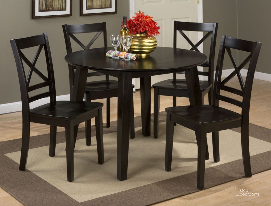 The appearance of Simplicity Espresso Extendable Round Drop-Leaf Dining Room Set designed by Jofran in the transitional interior design. This black piece of furniture  was selected by 1StopBedrooms from Simplicity Collection to add a touch of cosiness and style into your home. Sku: 552-28;552-806KD. Table Base Style: Legs. Table Top Shape: Round. Material: Wood. Product Type: Dining Room Set. Image1