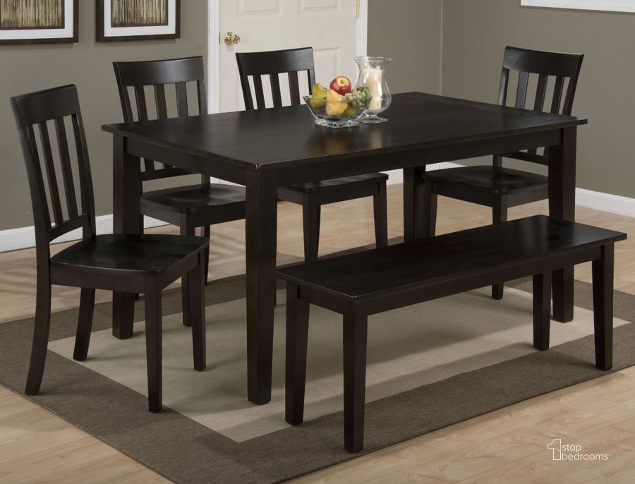 The appearance of Simplicity Espresso Rectangular Dining Room Set designed by Jofran in the transitional interior design. This black piece of furniture  was selected by 1StopBedrooms from Simplicity Collection to add a touch of cosiness and style into your home. Sku: 552-60;552-319KD. Table Base Style: Legs. Material: Wood. Product Type: Dining Room Set. Table Top Shape: Rectangular. Image1