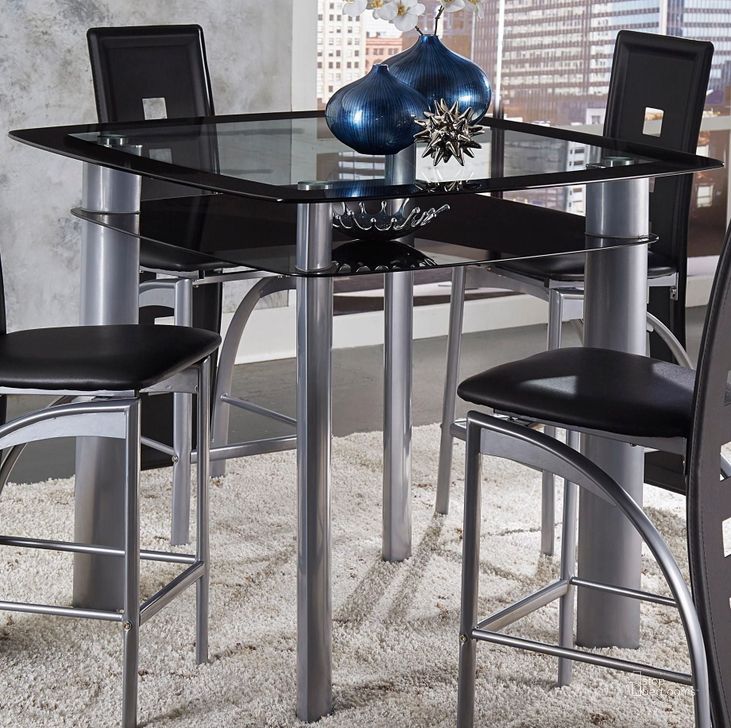 The appearance of Sona Black and Silver Counter Height Dining Table designed by Homelegance in the modern / contemporary interior design. This black piece of furniture  was selected by 1StopBedrooms from Sona Collection to add a touch of cosiness and style into your home. Sku: 5532-36;5532-36B. Table Top Shape: Square. Material: Glass. Product Type: Counter Height Table. Size: 42". Image1