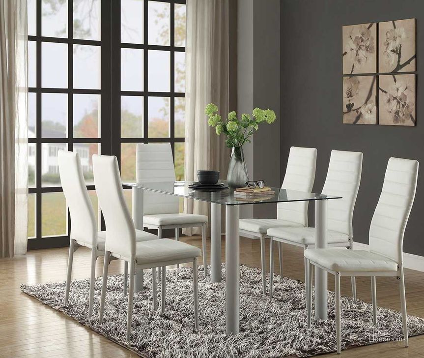 The appearance of Florian White Dining Room Set designed by Homelegance in the modern / contemporary interior design. This white piece of furniture  was selected by 1StopBedrooms from Florian Collection to add a touch of cosiness and style into your home. Sku: 5538W;5538WG;5538WS. Table Base Style: Legs. Material: Metal. Product Type: Dining Room Set. Table Top Shape: Rectangular. Image1