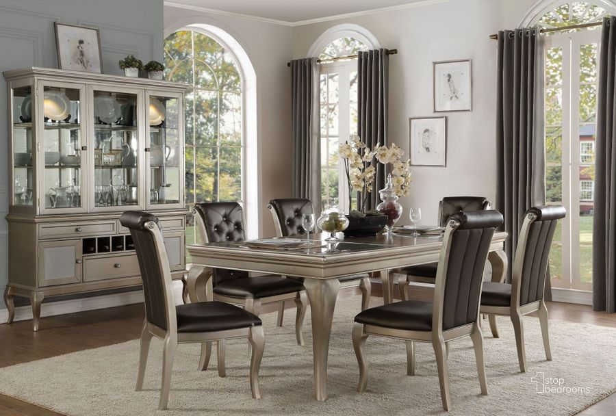 The appearance of Crawford Silver Extendable Dining Room Set designed by Homelegance in the traditional interior design. This silver piece of furniture  was selected by 1StopBedrooms from Crawford Collection to add a touch of cosiness and style into your home. Sku: 5546-84;5546S. Table Base Style: Legs. Material: Wood. Product Type: Dining Room Set. Table Top Shape: Rectangular. Image1