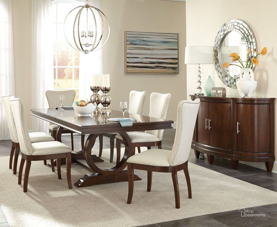 The appearance of Oratorio Cherry Extendable Trestle Dining Room Set designed by Homelegance in the modern / contemporary interior design. This brown piece of furniture  was selected by 1StopBedrooms from Oratorio Collection to add a touch of cosiness and style into your home. Sku: 5562-96;5562-96B;5562S. Table Base Style: Trestle. Material: Wood. Product Type: Dining Room Set. Table Top Shape: Rectangular. Image1