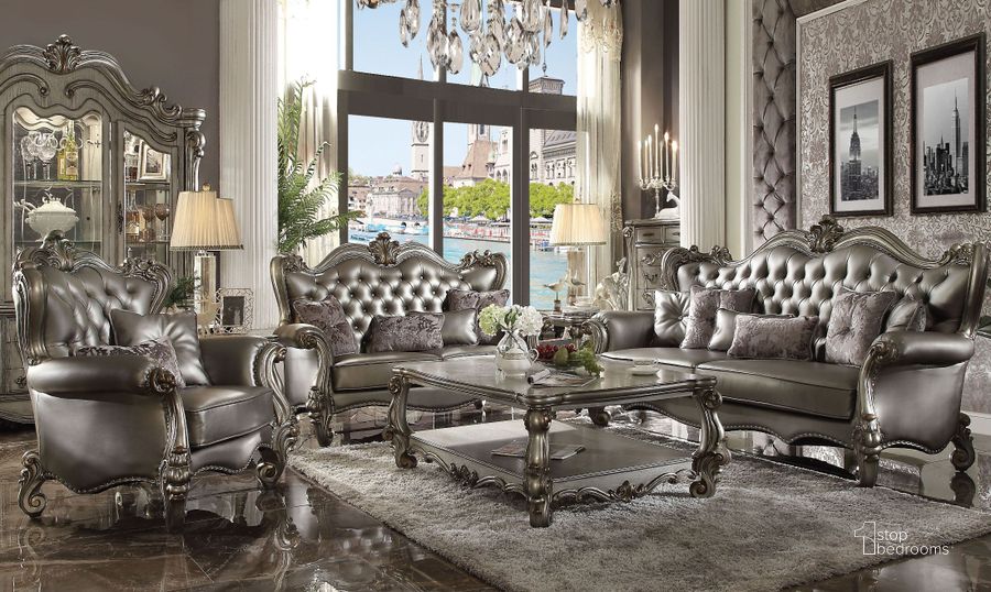 The appearance of Versailles Silver Antique Platinum Living Room Set designed by ACME in the rustic / southwestern interior design. This silver piece of furniture  was selected by 1StopBedrooms from Versailles Collection to add a touch of cosiness and style into your home. Sku: 56820;56821. Product Type: Living Room Set. Material: Vinyl. Image1