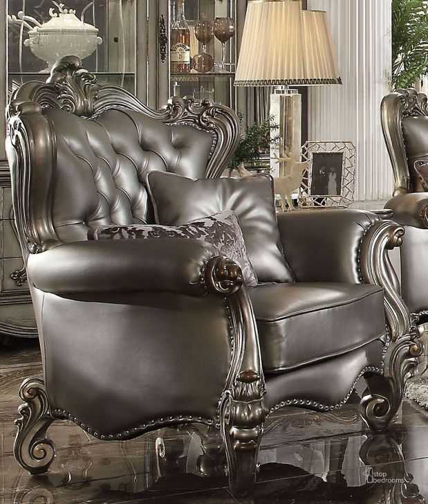 The appearance of Versailles Silver Antique Platinum Chair designed by ACME in the rustic / southwestern interior design. This brown piece of furniture  was selected by 1StopBedrooms from Versailles Collection to add a touch of cosiness and style into your home. Sku: 56822. Product Type: Living Room Chair. Material: Vinyl. Key Features: Tufted. Image1
