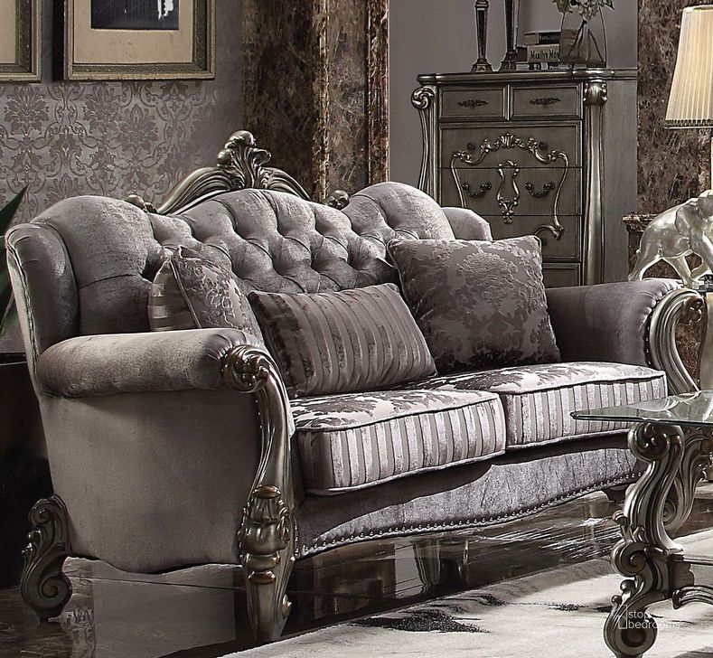 The appearance of Versailles Velvet and Antique Platinum Wingback Loveseat designed by ACME in the rustic / southwestern interior design. This silver piece of furniture  was selected by 1StopBedrooms from Versailles Collection to add a touch of cosiness and style into your home. Sku: 56841. Material: Fabric. Product Type: Loveseat. Key Features: Tufted. Image1