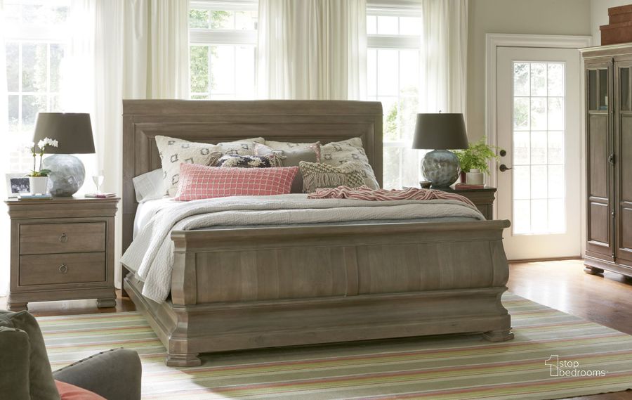 The appearance of Reprise Driftwood Sleigh Bedroom Set designed by Universal in the transitional interior design. This brown piece of furniture  was selected by 1StopBedrooms from Reprise Collection to add a touch of cosiness and style into your home. Sku: 581A75H;581A75F;581A75R;581A360. Bed Type: Sleigh Bed. Material: Wood. Product Type: Sleigh Bed. Bed Size: Queen. Image1