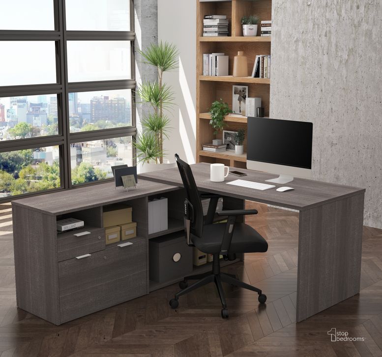 The appearance of I3 Plus L-Desk With Two Drawers In Bark Gray designed by Bestar in the modern / contemporary interior design. This bark gray piece of furniture  was selected by 1StopBedrooms from I3 Plus Collection to add a touch of cosiness and style into your home. Sku: 160850-47. Material: Wood. Product Type: Office Desk. Image1