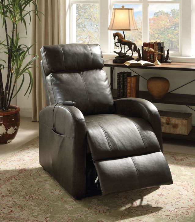 The appearance of Ricardo Dark Gray Recliner with Power Lift designed by ACME in the modern / contemporary interior design. This gray piece of furniture  was selected by 1StopBedrooms from Ricardo Collection to add a touch of cosiness and style into your home. Sku: 59405. Product Type: Recliner. Material: Vinyl.