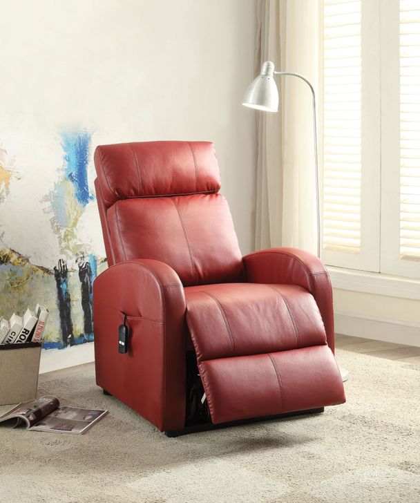 The appearance of Ricardo Red Recliner with Power Lift designed by ACME in the modern / contemporary interior design. This red piece of furniture  was selected by 1StopBedrooms from Ricardo Collection to add a touch of cosiness and style into your home. Sku: 59406. Product Type: Recliner. Material: Vinyl.