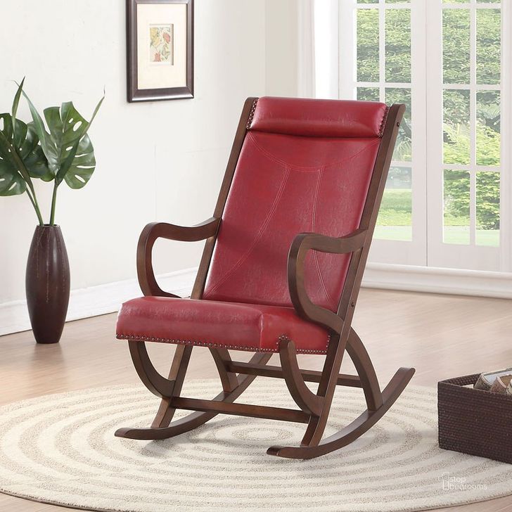 The appearance of Triton Rocking Chair (Burgundy/ Walnut) designed by ACME in the transitional interior design. This two-tone color piece of furniture  was selected by 1StopBedrooms from Triton Collection to add a touch of cosiness and style into your home. Sku: 59536. Material: Faux Leather. Product Type: Recliners and Rocker.