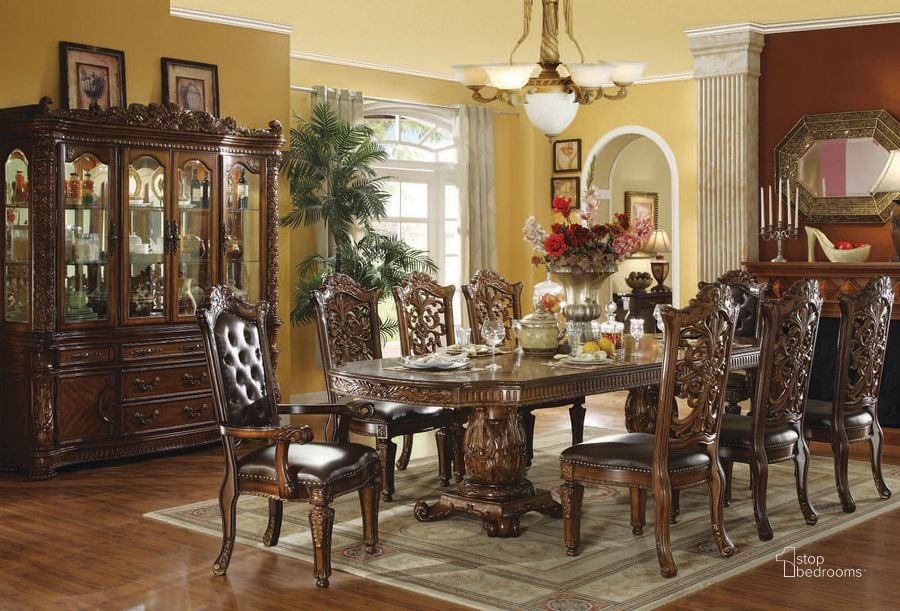 The appearance of Vendome Double Pedestal Dining Set (Cherry) designed by ACME in the rustic / southwestern interior design. This cherry piece of furniture  was selected by 1StopBedrooms from Vendome Collection to add a touch of cosiness and style into your home. Sku: 60000T;60001ST;60002PED;62004. Material: Wood. Product Type: Formal Dining Set. Table Top Shape: Rectangular. Table Top Style: Double Pedestal. Image1