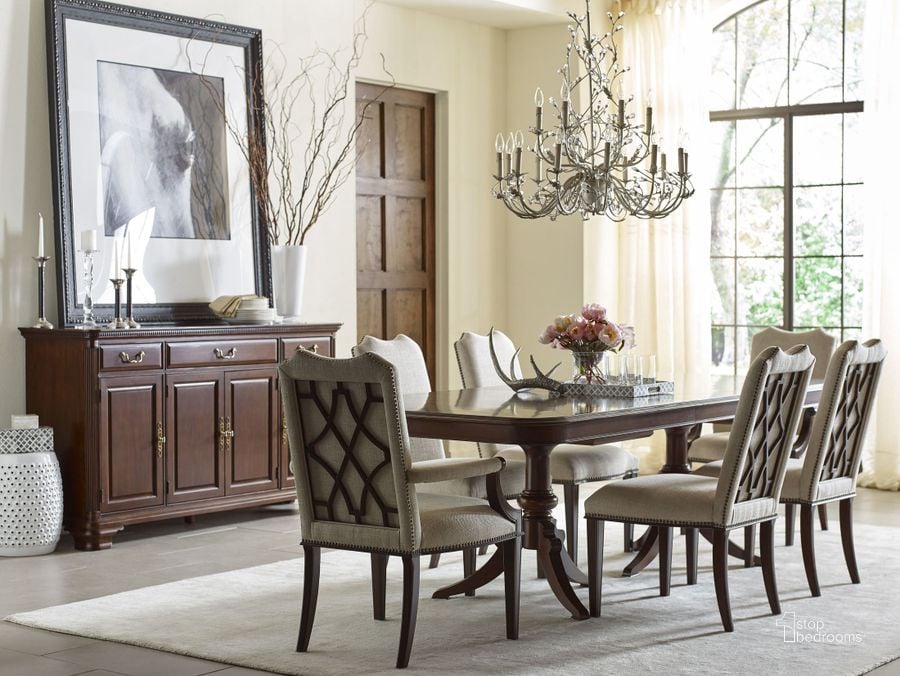 The appearance of Hadleigh Hadleigh Double Pedestal Dining Room Set designed by Kincaid in the transitional interior design. This brown piece of furniture  was selected by 1StopBedrooms from Hadleigh Collection to add a touch of cosiness and style into your home. Sku: 607-744P;607-636. Material: Wood. Product Type: Dining Room Set. Table Top Shape: Rectangular. Image1