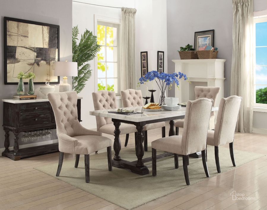 The appearance of Gerardo White Marble and Weathered Espresso Dining Room Set designed by ACME in the transitional interior design. This white piece of furniture  was selected by 1StopBedrooms from Gerardo Collection to add a touch of cosiness and style into your home. Sku: 60820;60822. Table Base Style: Trestle. Product Type: Dining Room Set. Material: Stone. Table Top Shape: Rectangular. Image1