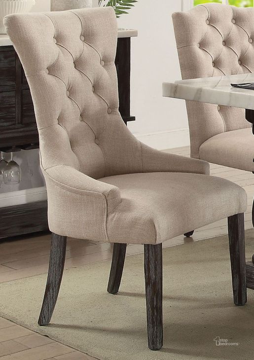 The appearance of Gerardo Beige Linen Arm Chair Set of 2 designed by ACME in the transitional interior design. This beige piece of furniture  was selected by 1StopBedrooms from Gerardo Collection to add a touch of cosiness and style into your home. Sku: 60823. Material: Fabric. Product Type: Arm Chair. Image1