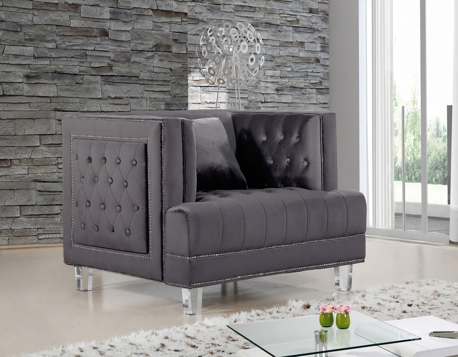 The appearance of Meridian Lucas Chair in Grey designed by Meridian in the modern / contemporary interior design. This grey velvet piece of furniture  was selected by 1StopBedrooms from Lucas Collection to add a touch of cosiness and style into your home. Sku: 609Grey-C. Material: Fabric. Product Type: Living Room Chair. Image1