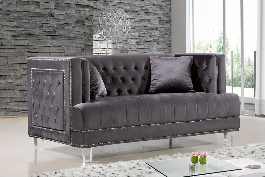 The appearance of Meridian Lucas Loveseat in Grey designed by Meridian in the modern / contemporary interior design. This grey velvet piece of furniture  was selected by 1StopBedrooms from Lucas Collection to add a touch of cosiness and style into your home. Sku: 609Grey-L. Material: Fabric. Product Type: Loveseat. Image1