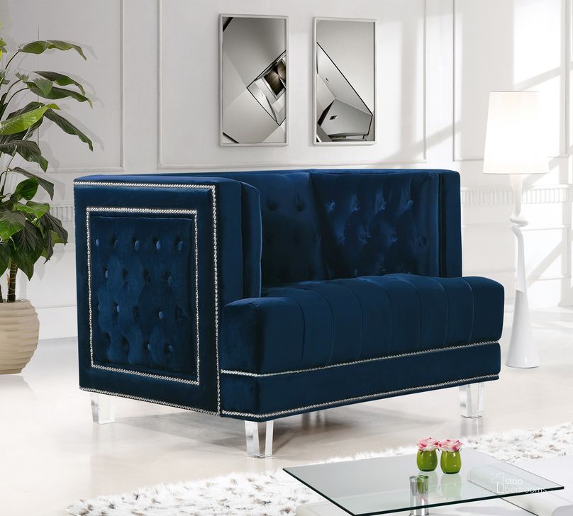 The appearance of Meridian Lucas Chair in Navy designed by Meridian in the modern / contemporary interior design. This navy velvet piece of furniture  was selected by 1StopBedrooms from Lucas Collection to add a touch of cosiness and style into your home. Sku: 609Navy-C. Material: Fabric. Product Type: Living Room Chair. Image1
