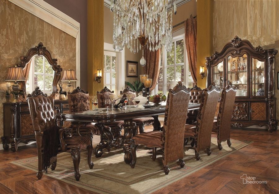 The appearance of Versailles Cherry Oak Rectangular Extendable Dining Room Set designed by ACME in the rustic / southwestern interior design. This brown piece of furniture  was selected by 1StopBedrooms from Versailles Collection to add a touch of cosiness and style into your home. Sku: 61100T;61101ST;61102. Material: Wood. Product Type: Dining Room Set. Table Top Shape: Rectangular. Image1