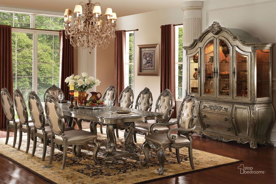 The appearance of Ragenardus Vintage Oak Double Pedestal Dining Room Set designed by ACME in the rustic / southwestern interior design. This silver piece of furniture  was selected by 1StopBedrooms from Ragenardus Collection to add a touch of cosiness and style into your home. Sku: 61290T;61291ST;61292. Material: Wood. Product Type: Dining Room Set. Table Top Shape: Rectangular. Size: 114". Image1