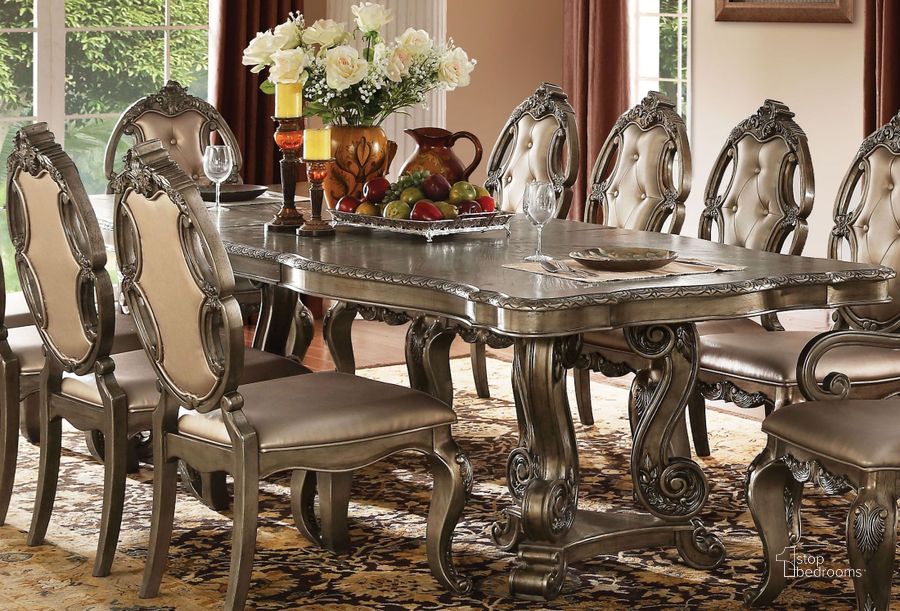 The appearance of Ragenardus Vintage Oak Double Extendable Pedestal Dining Table designed by ACME in the rustic / southwestern interior design. This silver piece of furniture  was selected by 1StopBedrooms from Ragenardus Collection to add a touch of cosiness and style into your home. Sku: 61290T;61291ST. Material: Wood. Product Type: Pedestal Table. Table Top Shape: Rectangular. Image1