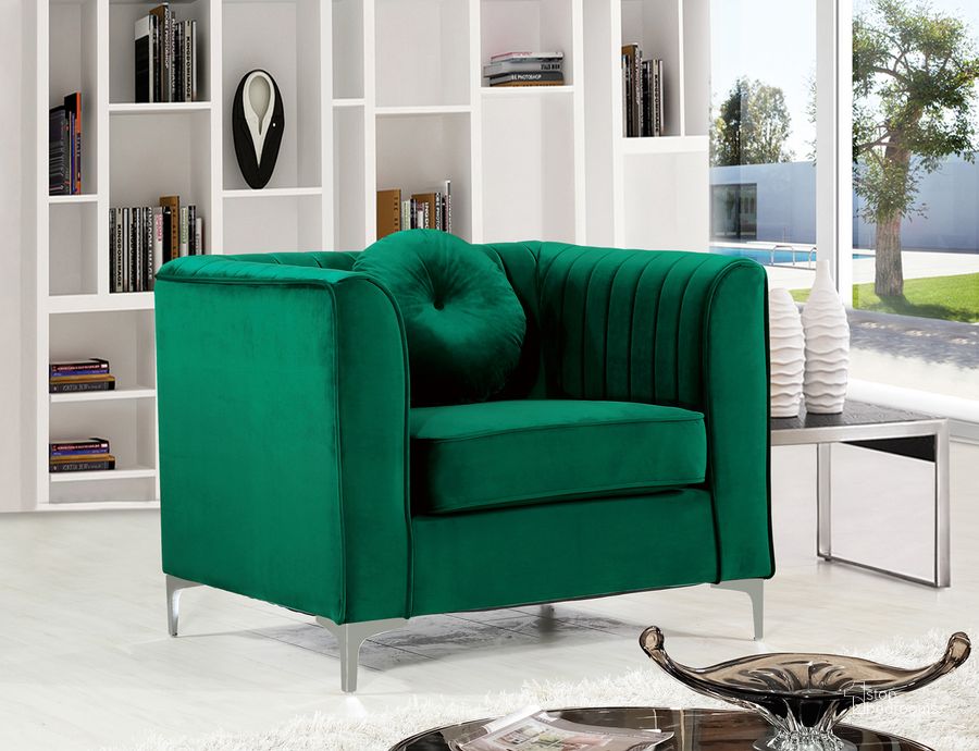 The appearance of Meridian Isabelle Velvet Chair in Green 612Green-C designed by Meridian in the modern / contemporary interior design. This green velvet piece of furniture  was selected by 1StopBedrooms from Isabelle Collection to add a touch of cosiness and style into your home. Sku: 612Green-C. Material: Steel. Product Type: Living Room Chair. Image1