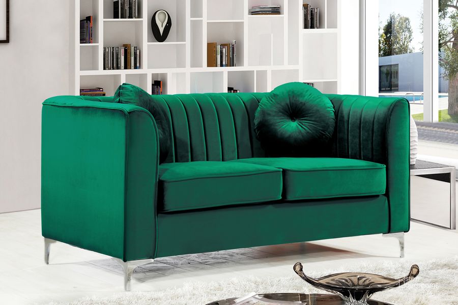 The appearance of Meridian Isabelle Velvet Loveseat in Green designed by Meridian in the modern / contemporary interior design. This green velvet piece of furniture  was selected by 1StopBedrooms from Isabelle Collection to add a touch of cosiness and style into your home. Sku: 612Green-L. Material: Steel. Product Type: Loveseat. Image1