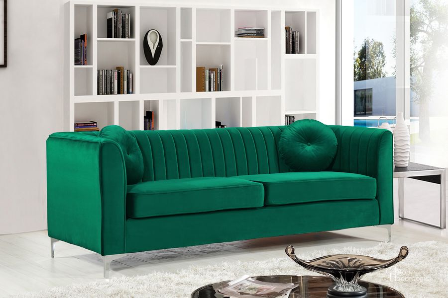 The appearance of Meridian Isabelle Velvet Sofa in Green 612Green-S designed by Meridian in the modern / contemporary interior design. This green velvet piece of furniture  was selected by 1StopBedrooms from Isabelle Collection to add a touch of cosiness and style into your home. Sku: 612Green-S. Material: Steel. Product Type: Sofa. Image1