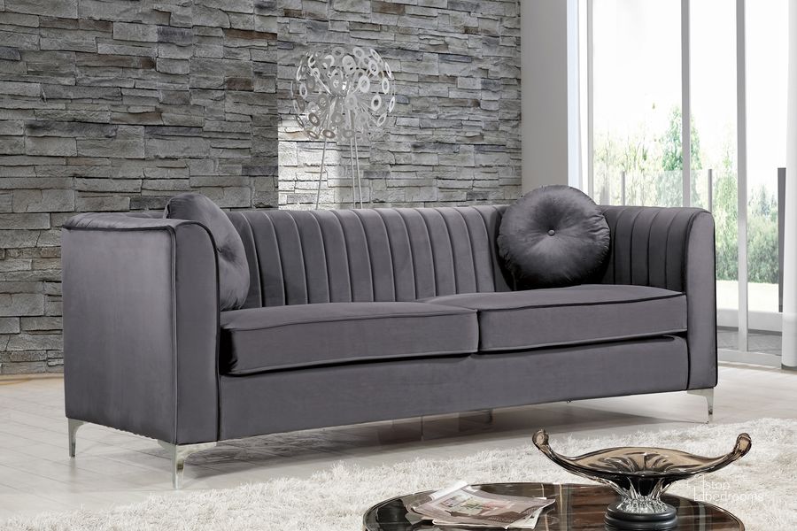 The appearance of Meridian Isabelle Velvet Sofa in Grey designed by Meridian in the modern / contemporary interior design. This grey velvet piece of furniture  was selected by 1StopBedrooms from Isabelle Collection to add a touch of cosiness and style into your home. Sku: 612Grey-S. Material: Fabric. Product Type: Sofa. Image1