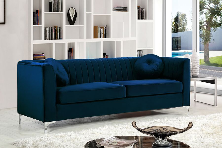 The appearance of Meridian Isabelle Velvet Sofa in Navy 612Navy-S designed by Meridian in the modern / contemporary interior design. This navy velvet piece of furniture  was selected by 1StopBedrooms from Isabelle Collection to add a touch of cosiness and style into your home. Sku: 612Navy-S. Material: Fabric. Product Type: Sofa. Image1