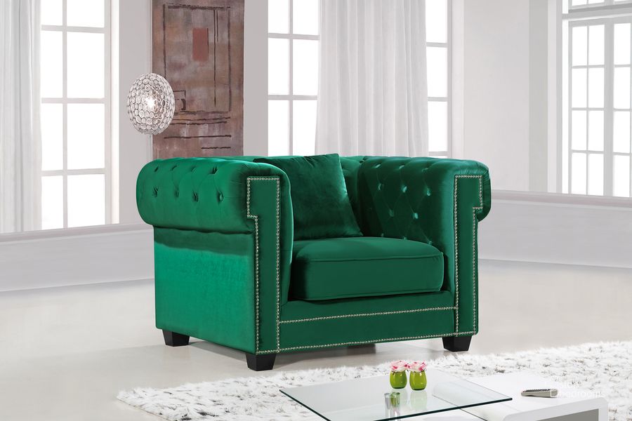 The appearance of Meridian Bowery Velvet Chair in Green designed by Meridian in the modern / contemporary interior design. This green velvet piece of furniture  was selected by 1StopBedrooms from Bowery Collection to add a touch of cosiness and style into your home. Sku: 614Green-C. Material: Fabric. Product Type: Living Room Chair. Image1